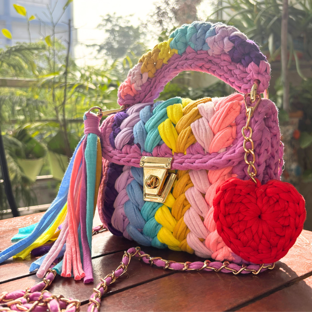 Shiroli Handmade Designer Festive Rainbow Crochet Bag Online With Heart Shaped Key Chain - Image 3