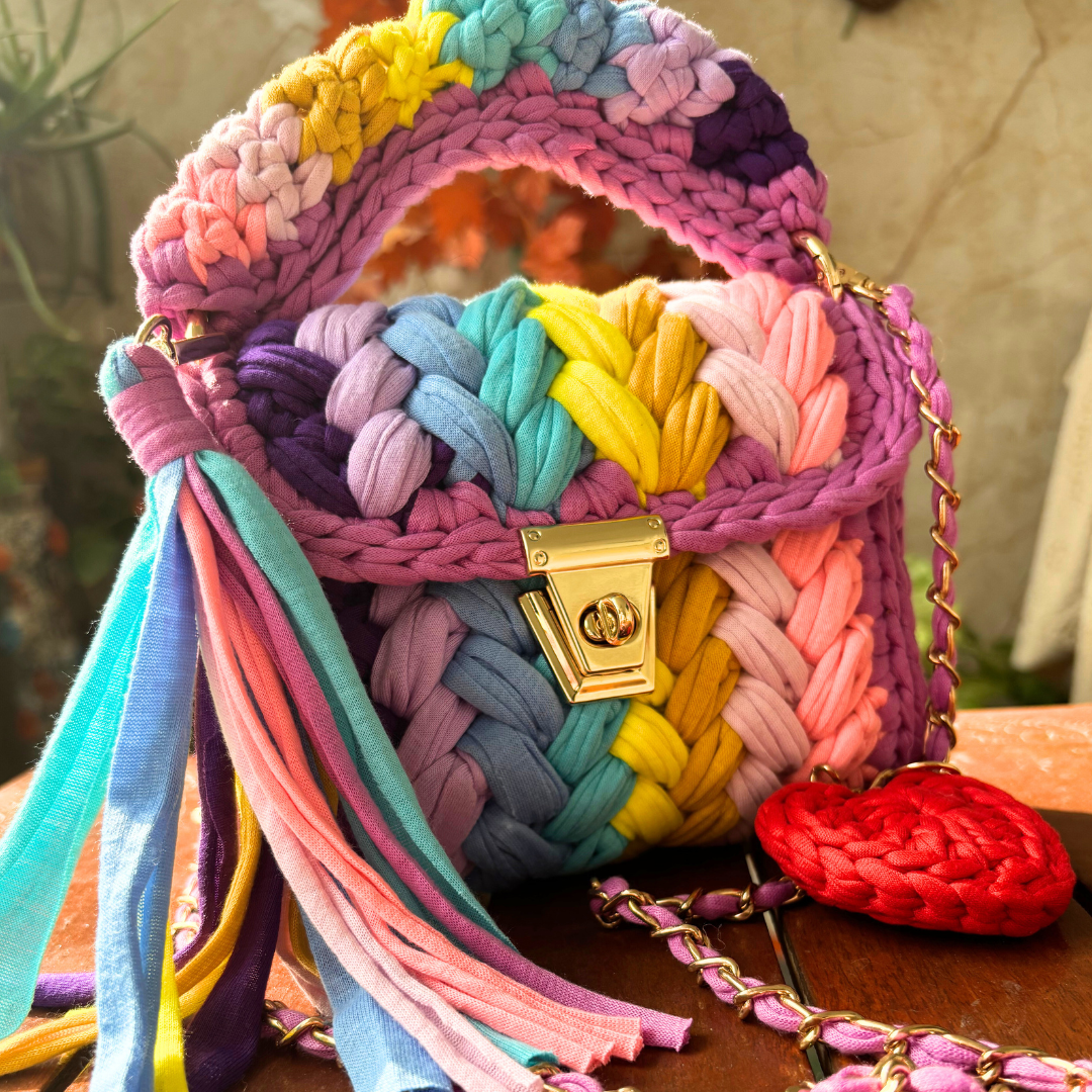 Shiroli Handmade Designer Festive Rainbow Crochet Bag Online With Heart Shaped Key Chain - Image 2