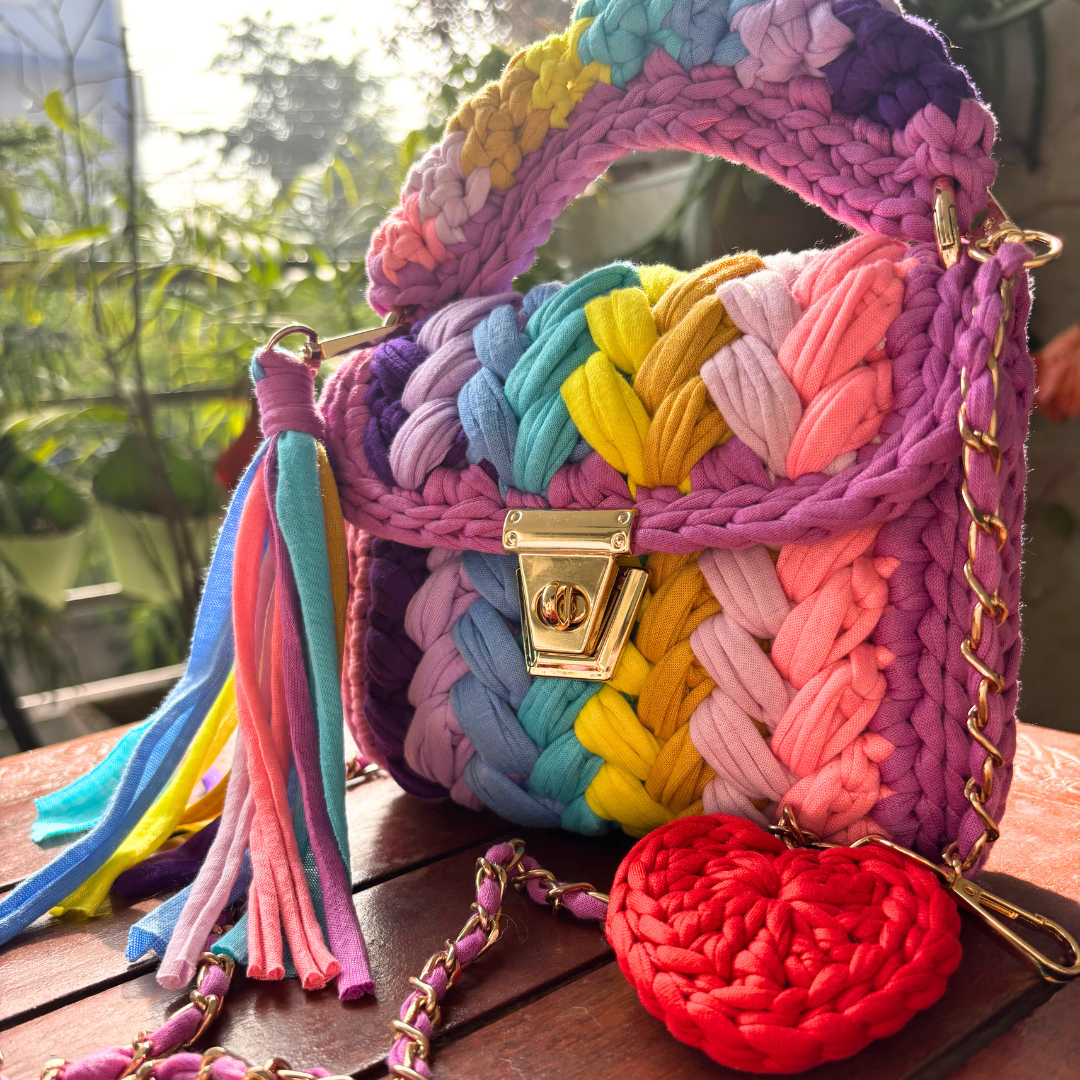 Shiroli Handmade Designer Festive Rainbow Crochet Bag Online With Heart Shaped Key Chain - Image 5