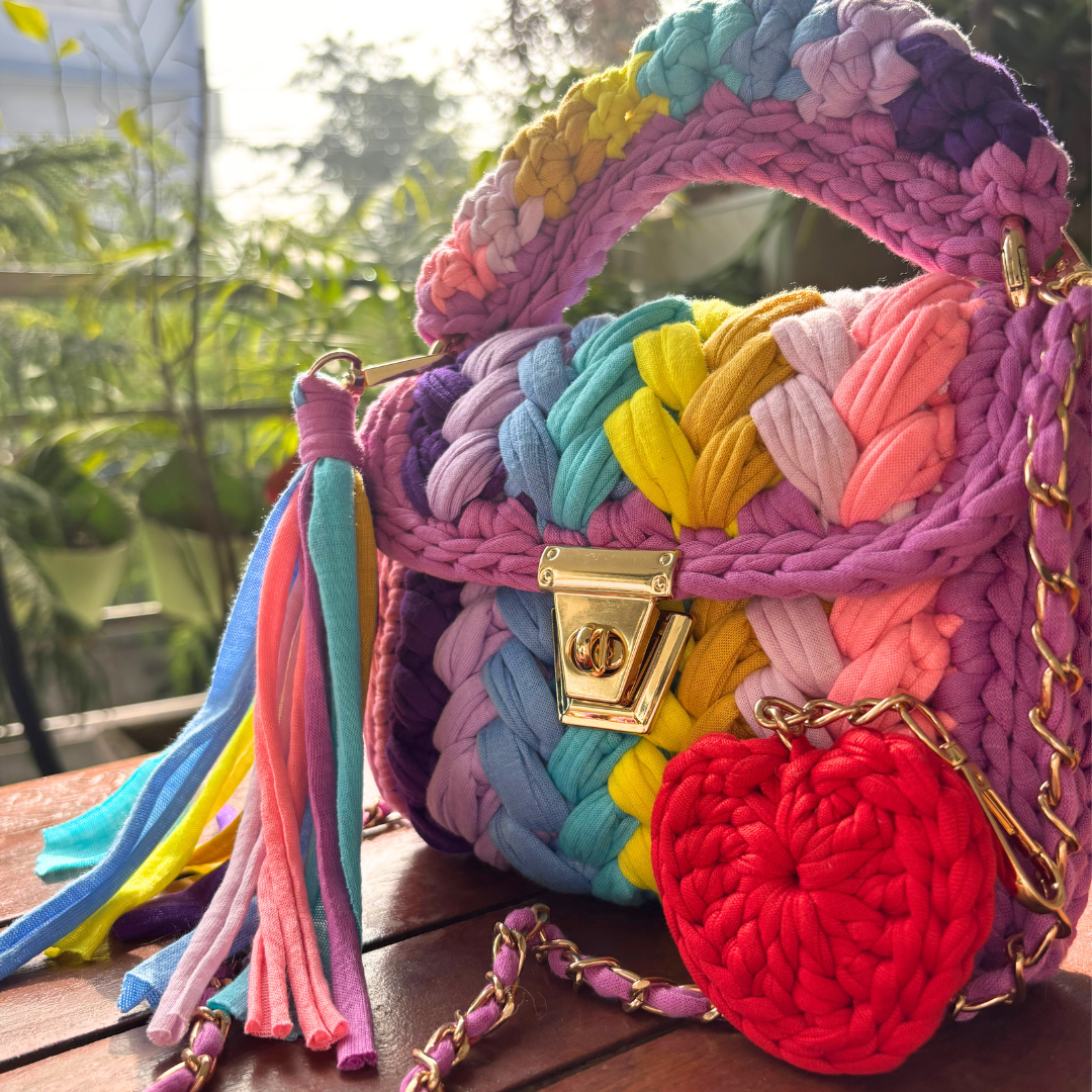 Shiroli Handmade Designer Festive Rainbow Crochet Bag Online With Heart Shaped Key Chain - Image 1