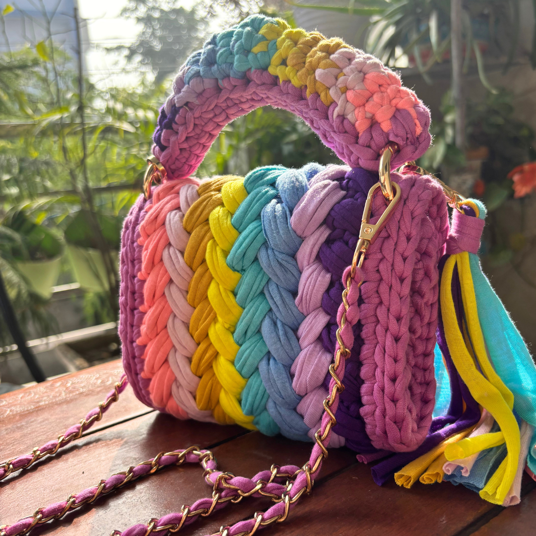 Shiroli Handmade Designer Festive Rainbow Crochet Bag Online With Heart Shaped Key Chain - Image 6