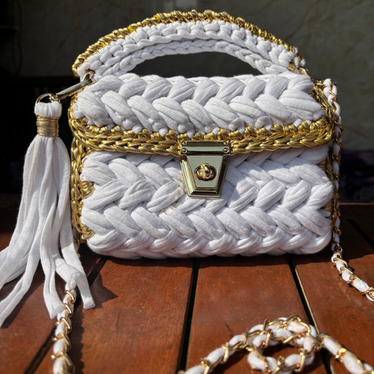 Shiroli Handmade Snow White Bag with Metallic Gold Border